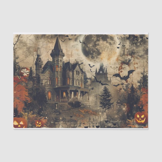 Jack O Lantern Spooky Mansion Halloween Decoupage Tissue Paper (Front)