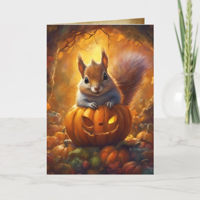 Jack-O-Lantern Squirrel, Happy Halloween Cute Card (Front)