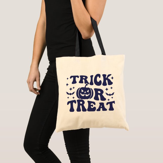 Jack-O' Lantern Stars Bats Blue Trick or Treat Tote Bag (Front (Product))