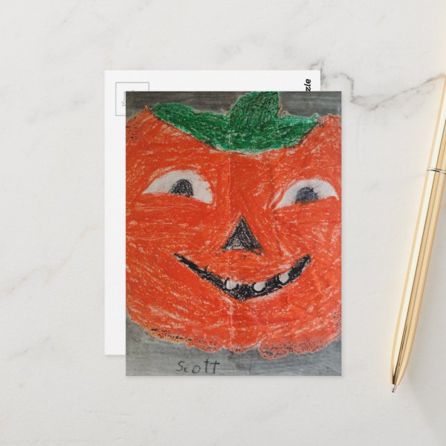 Jack-O-Lantern Vintage Childs Drawing Postcard (Front/Back In Situ)