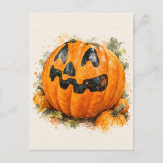 Jack O Lantern Watercolor Halloween Postcard