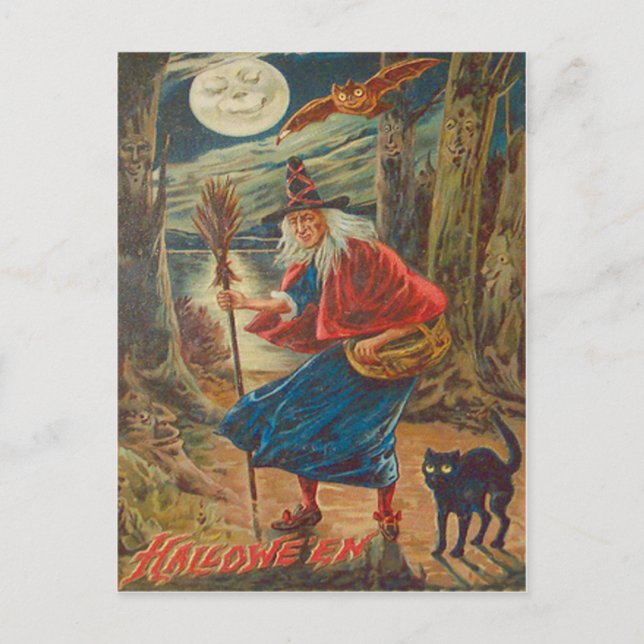 Jack O Lantern Witch Black Cat Bat Moon Postcard (Front)