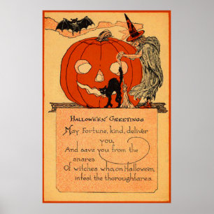 Jack O Lantern Witch Black Cat Bat Vintage Poster