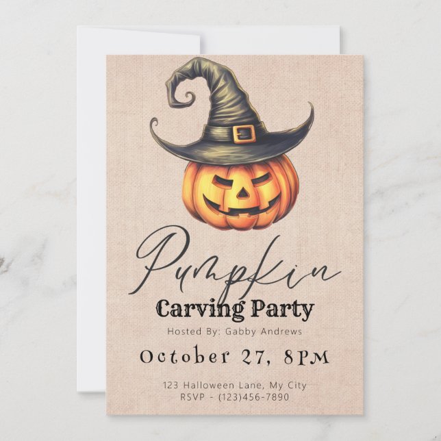 Jack-O' Lantern Witches Hat Pumpkin Carving Party Invitation (Front)