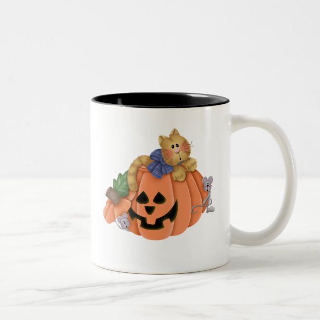 Jack O Lantern with Cat and Mice Two-Tone Coffee Mug (Right)