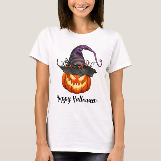 Jack-O-Lantern with Witches Hat T-Shirt (Front)