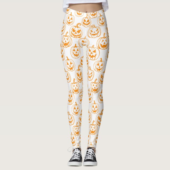 Jack-o-lanterns Pattern.Orange White BG Leggings (Front)