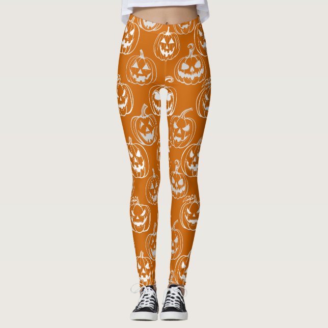 Jack-o-lanterns Pattern.White Orange BG Leggings (Front)