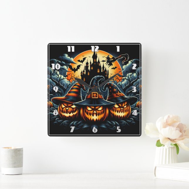 Jack-o'-lanterns shine under moonlight square wall clock (Home)