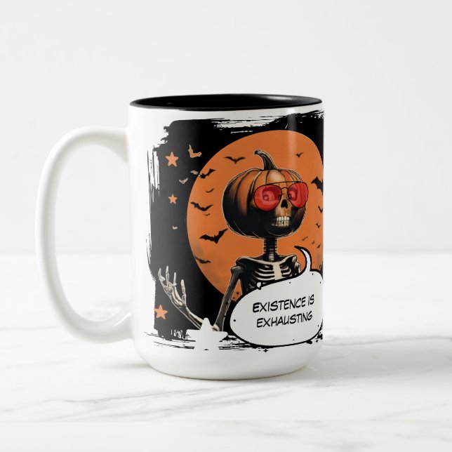 Jack O’ Latte – Funny Pumpkin Skeleton Halloween Two-Tone Coffee Mug (Left)
