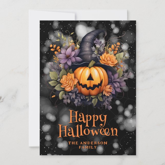 Jack O'Lantern Floral Happy Halloween Card (Front)