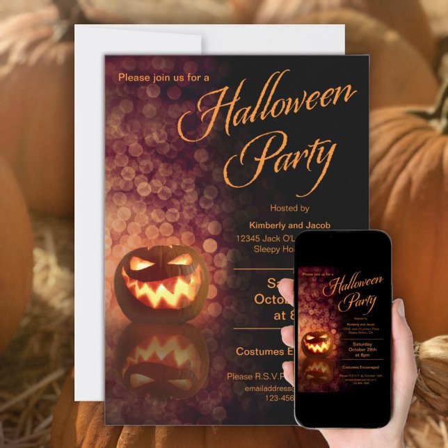 Jack O'Lantern Hallowen Party Black + Orange Invitation (Jack O'Lantern Halloween Party invitation with orange bokeh sparkles on a black background. )