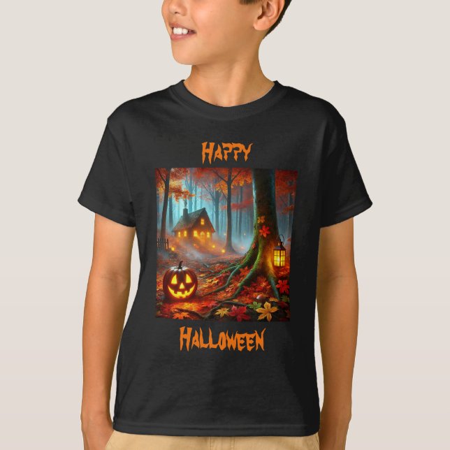 Jack O'Lantern in Spooky Forest on Halloween T-Shirt (Front)