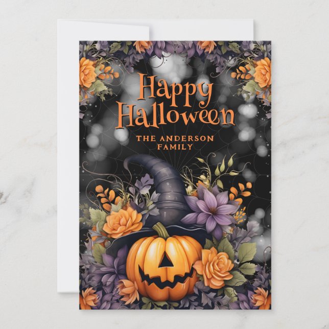 Jack O'Lantern Witch Hat Floral Halloween Card (Front)