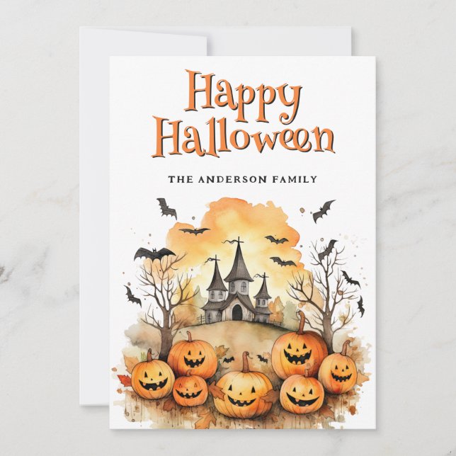 Jack O'Lanterns Bats Ghosts Halloween Card (Front)