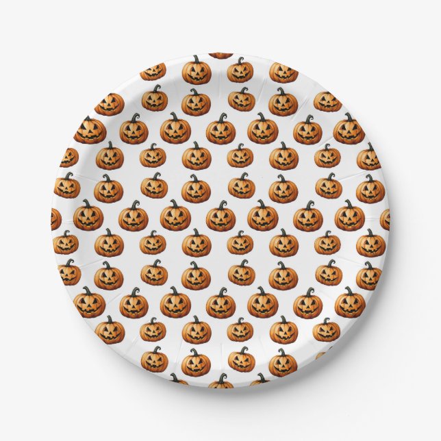 Jack O'Lanterns on White Paper Plate (Front)