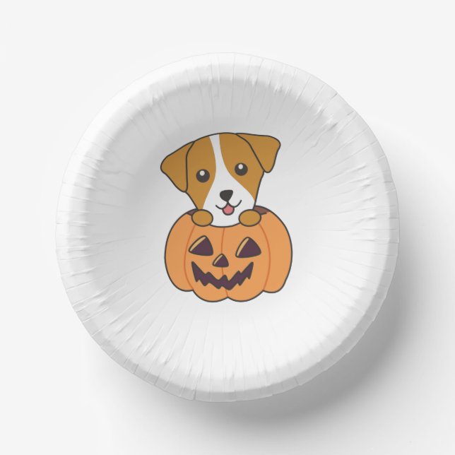 Jack Russel In Pumpkin Cute Dogs Happy Halloween Paper Plate (Front)