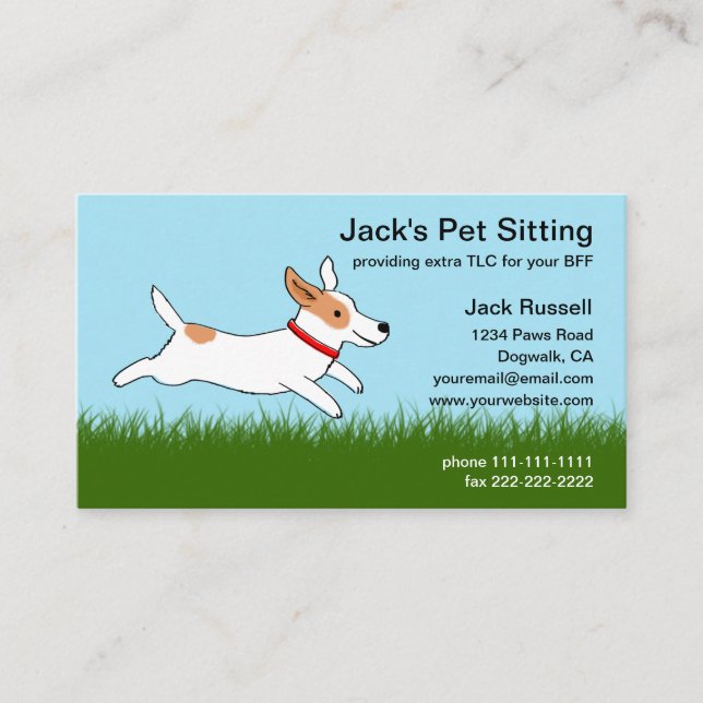 Jack Russell Cartoon Dog Runs on Grass - Pet Care Business Card (Front)