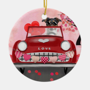 Jack Russell dog driving car Valentine's Day Ceramic Tree Decoration