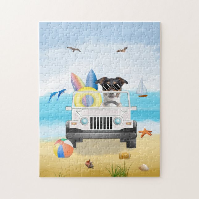  jack russell Dog Driving on Beach  Jigsaw Puzzle (Vertical)