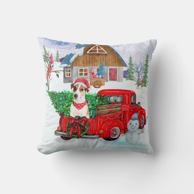 Jack Russell Dog In Christmas Delivery Truck Snow Cushion (Front)