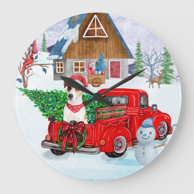 Jack Russell Dog In Christmas Delivery Truck Snow Large Clock (Front)