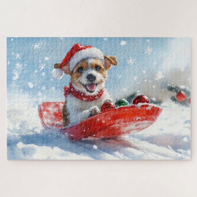 Jack Russell Dog in Sledge Let it Snow Christmas Jigsaw Puzzle (Horizontal)