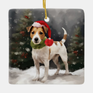 Jack Russell Dog in Snow Christmas Ceramic Ornament