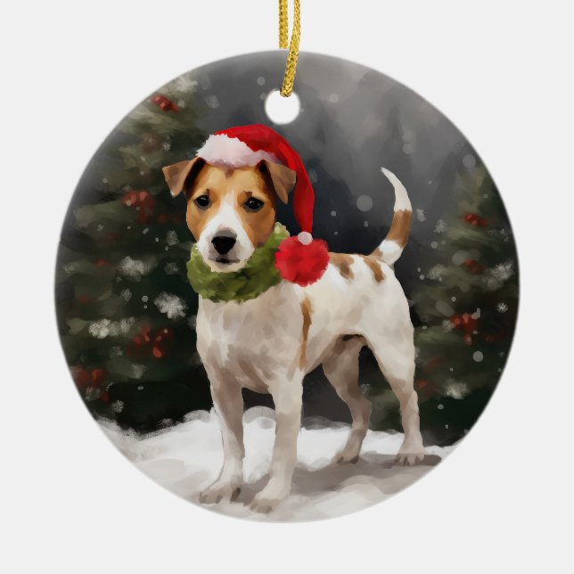 Jack Russell Dog in Snow Christmas Ceramic Tree Decoration (Front)