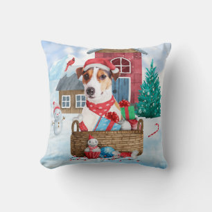 Jack Russell Dog In snow Christmas Dog House  Cushion