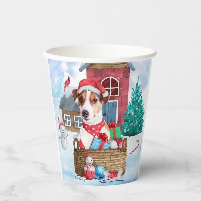 Jack Russell Dog In snow Christmas Dog House Paper Cups (Front)