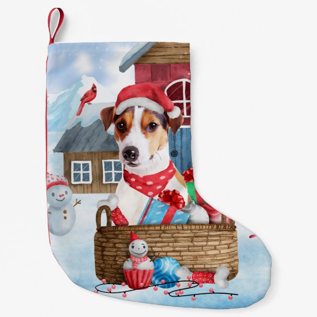 Jack Russell Dog In snow Christmas Dog House Small Christmas Stocking (Front)