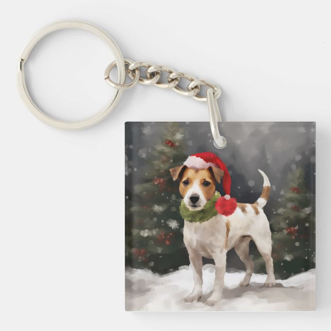 Jack Russell Dog in Snow Christmas Key Ring (Front)