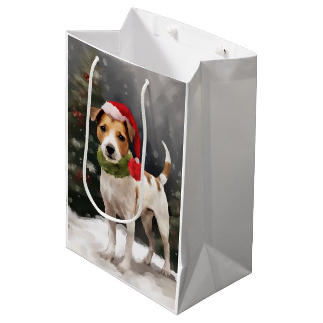 Jack Russell Dog in Snow Christmas Medium Gift Bag (Front Angled)