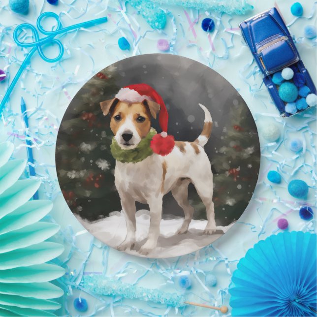 Jack Russell Dog in Snow Christmas Paper Plate (Party)