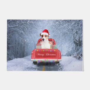 Jack Russell Dog in Snow sitting in Christmas Doormat