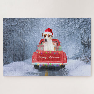 Jack Russell Dog in Snow sitting in Christmas  Jigsaw Puzzle