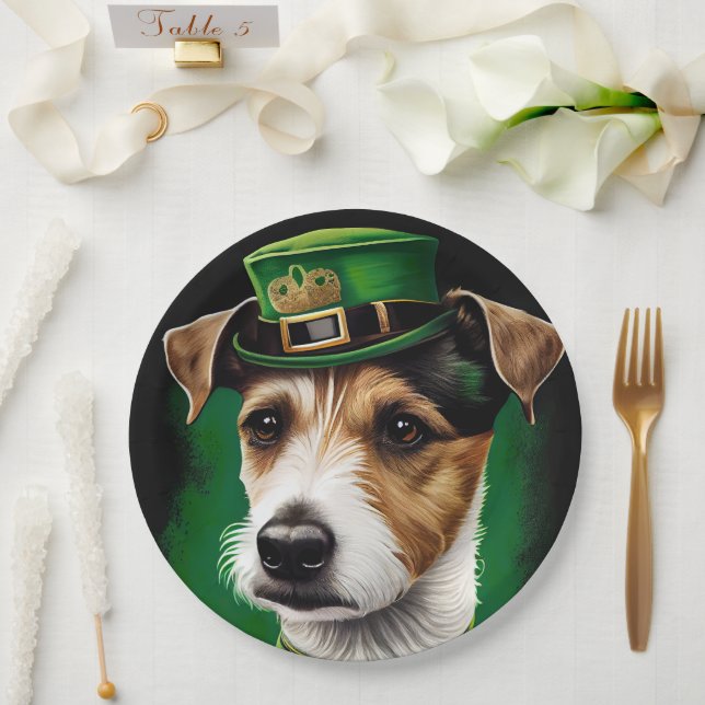 Jack Russell Dog in St. Patrick's Day Dress Paper Plate (Wedding)