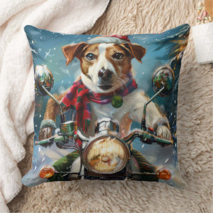 Jack Russell Dog Riding Motorcycle Christmas  Cushion