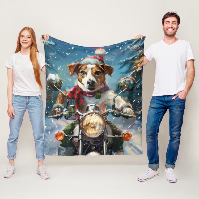 Jack Russell Dog Riding Motorcycle Christmas  Fleece Blanket (In Situ)