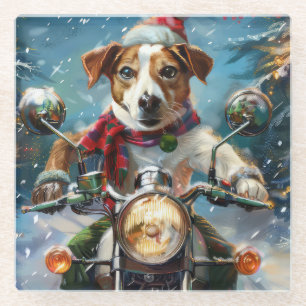 Jack Russell Dog Riding Motorcycle Christmas Glass Coaster