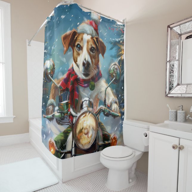Jack Russell Dog Riding Motorcycle Christmas  Shower Curtain (In Situ)
