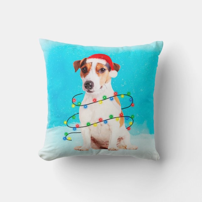 jack russell Dog Sitting in snow with Santa Hat Cushion (Front)