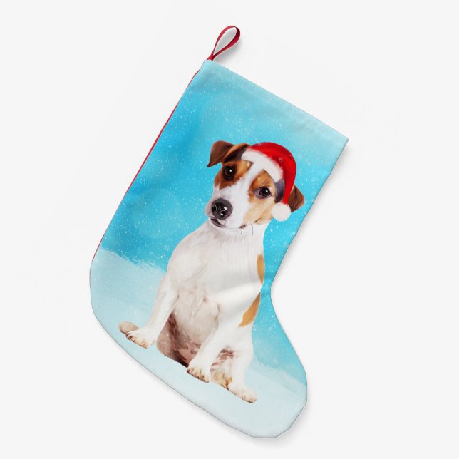 jack russell Dog Sitting in snow with Santa Hat Small Christmas Stocking (Front (Hanging))
