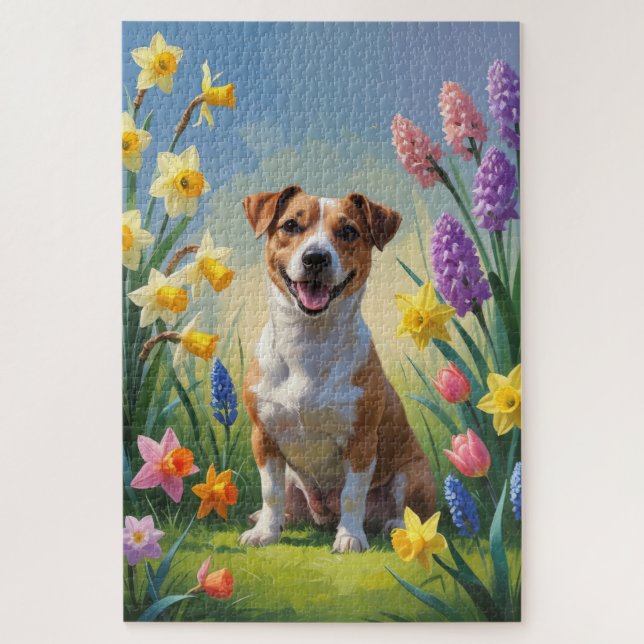 Jack Russell Dog Spring Flowers Painting Jigsaw Puzzle (Vertical)