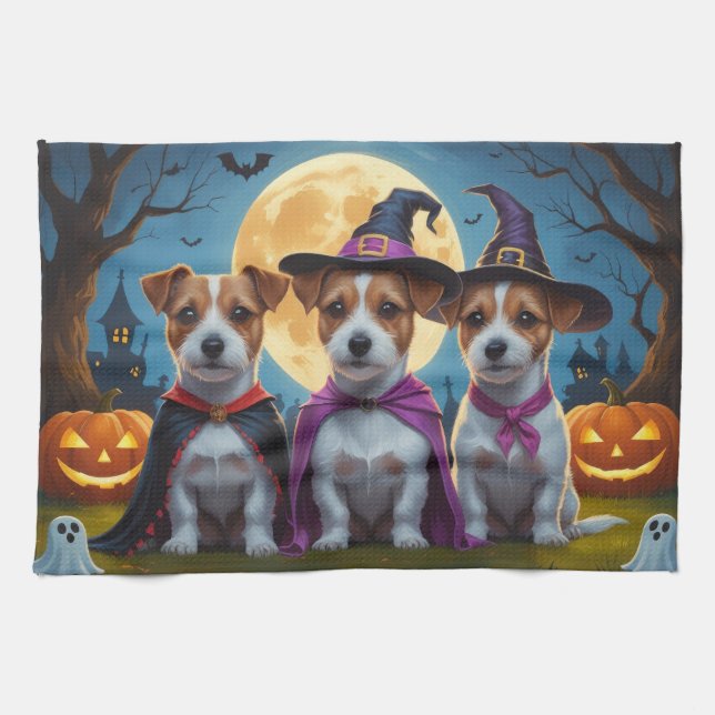 Jack Russell Dogs Pumpkin Halloween Funny Tea Towel (Horizontal)