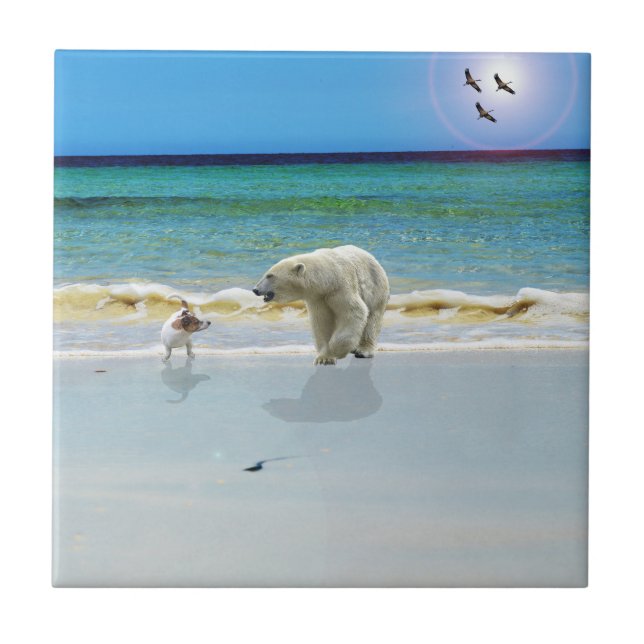 Jack Russell Meet Polar Bear, Ceramic Tile (Front)