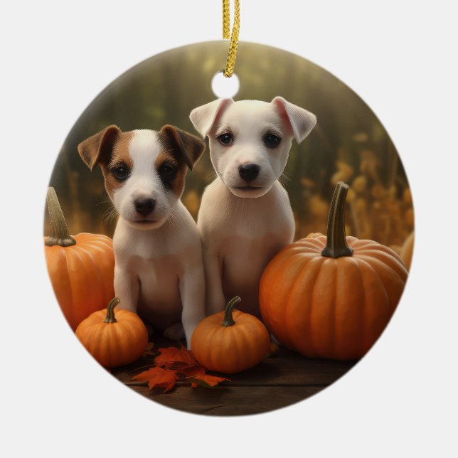 Jack Russell Puppy Autumn Delight Pumpkin  Ceramic Tree Decoration (Front)
