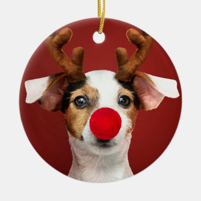 Jack Russell Reindeer Ceramic Tree Decoration (Front)