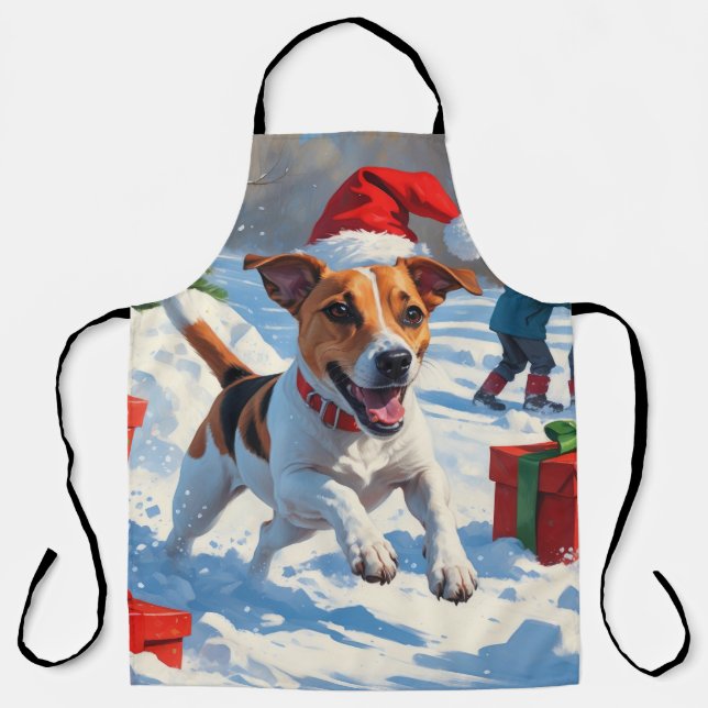Jack Russell Running in Snow with Christmas Hat Apron (Front)